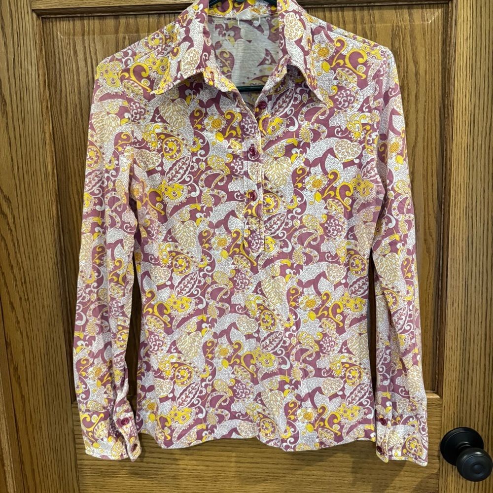 Vintage Paisley Knit Half Button-Up Pointed Collar Shirt. Small.